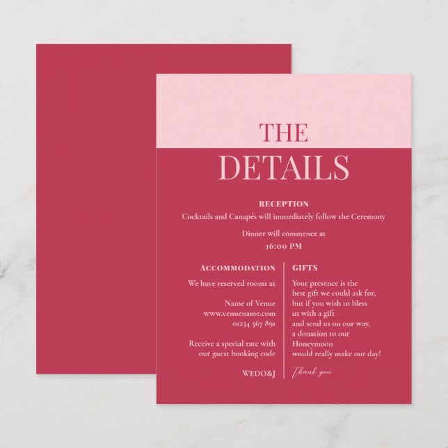 CHLOE Modern Bold Pink Wedding Details Card (Front/Back)
