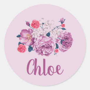 Chloe Name Floral Custom Vintage Flower Pink Girl Classic Round Sticker