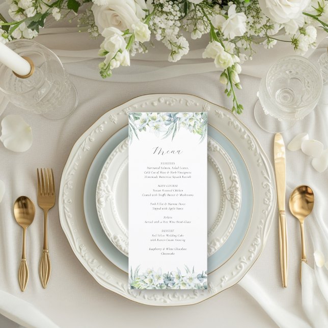 Chloe Simple Elegant Eucalyptus Greenery Wedding Menu (This elegant menu features white flowers and greenery for a luxurious, fine art wedding look)