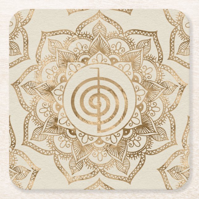 Cho Ku Rei - pastel gold lotus mandala Square Paper Coaster (Front)