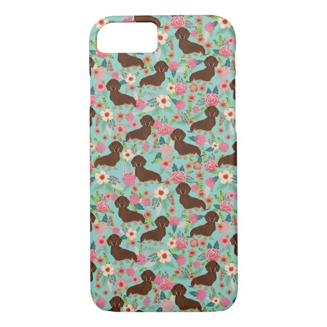 Choc and Tan Doxie Phone case - dog florals mint (Back)