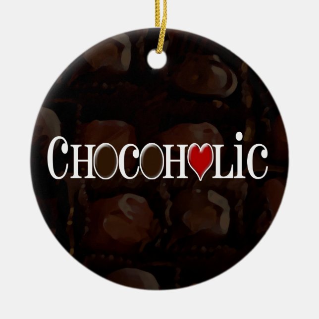 Chocoholic, Dark Brown and Red Heart Funny Design Ceramic Tree Decoration (Front)