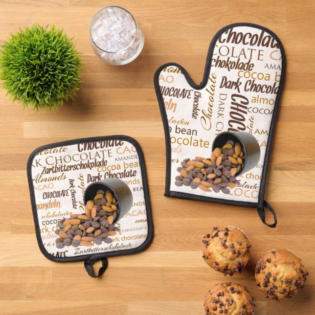 Chocoholic Multilingual Word Collage Flipped Oven Mitt & Pot Holder Set (Top Down)