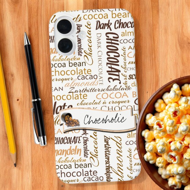 Chocoholic Multilingual Word Collage Typography Case-Mate iPhone Case (Chocolate word cloud phone case back with template text )