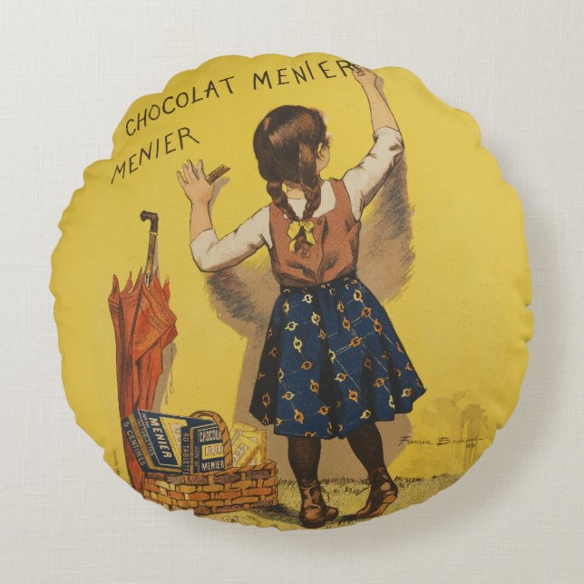 Chocolat Menier Little Girl Wall Writing  Round Cushion (Front)
