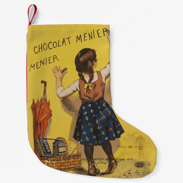 Chocolat Menier Little Girl Wall Writing  Small Christmas Stocking (Front)