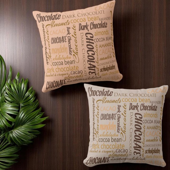 Chocolate, Almonds and Dark Chocolate Text Design Cushion (Pillow front and back word cloud different color backgrounds)
