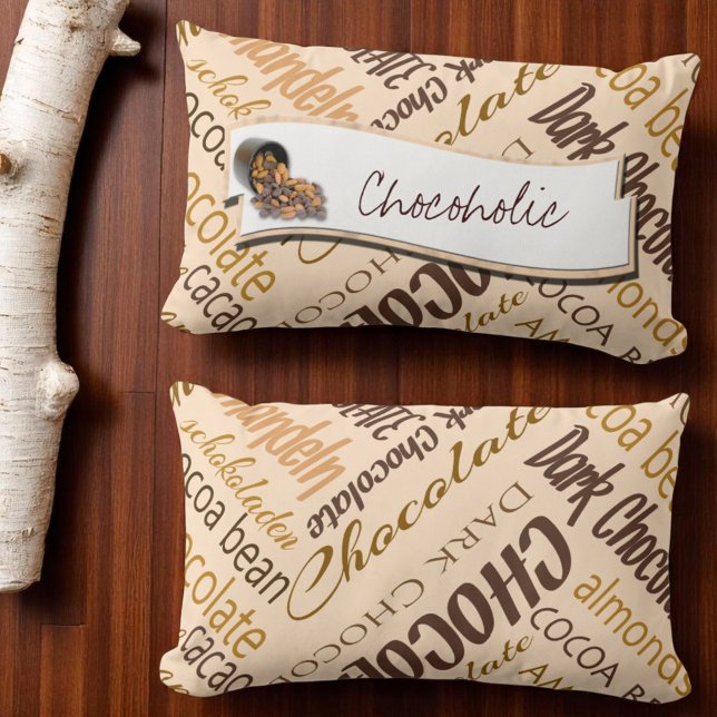 Chocolate, Almonds and Dark Chocolate Text Design Lumbar Cushion (front template and back word cloud only pillow)