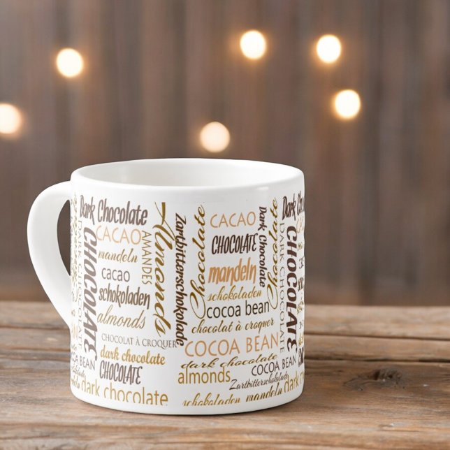 Chocolate, Almonds and Dark Chocolate Word Cloud Espresso Cup (design on both sides of the handle)