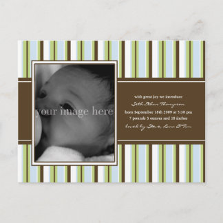 Chocolate and Blue Stripe Baby Announcement Postcard