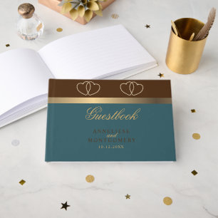 Chocolate and Dark Teal with Gold Hearts Guest Book