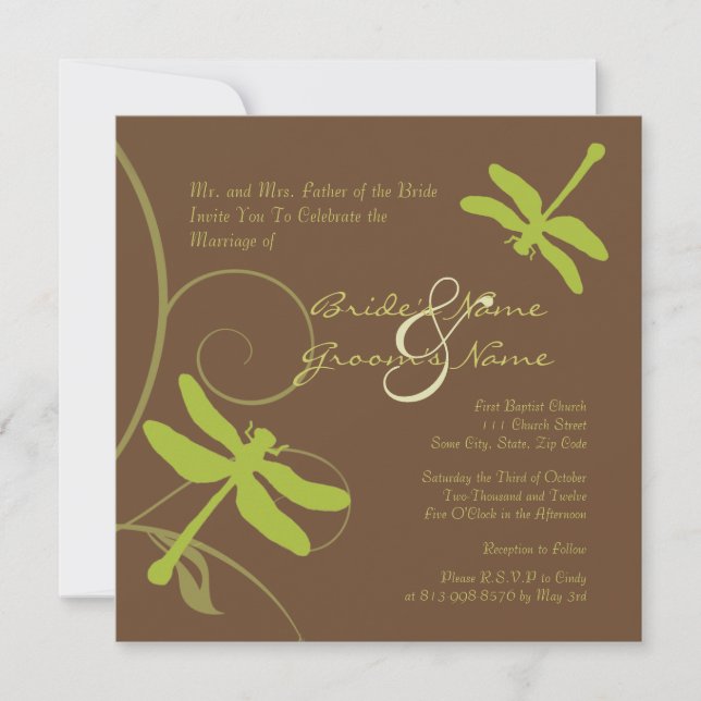 Chocolate and Green Dragonfly Wedding Invitation (Front)