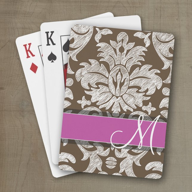 Chocolate and Magenta Damask Pattern Monogram Playing Cards (Personalized playing cards with a fun area to add text such as a name or monogram)