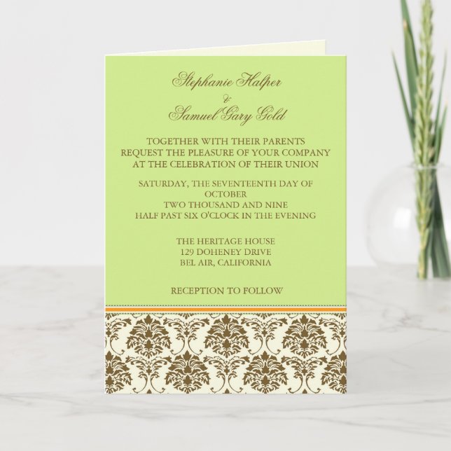 Chocolate and mint wedding invitation cards (Front)