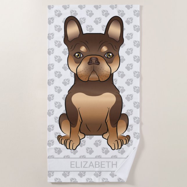 Chocolate And Tan French Bulldog Cute Dog & Name Beach Towel (Front)