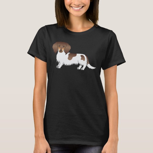 Chocolate And Tan Piebald Long Hair Dachshund Dog T-Shirt (Front)
