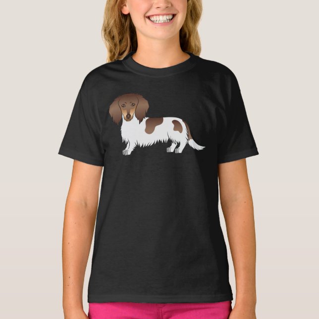 Chocolate And Tan Piebald Long Hair Dachshund Dog T-Shirt (Front)