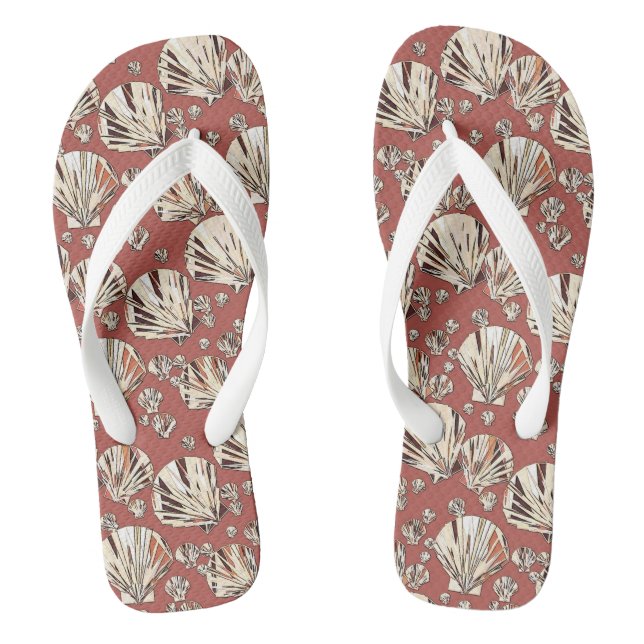 Chocolate and tan sea shells, chocolate background flip flops (Footbed)