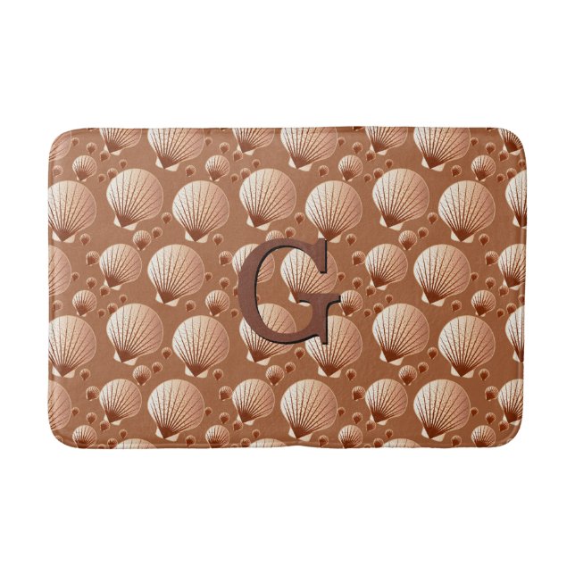 Chocolate and tan seashells on cocoa brown bath mat (Front)