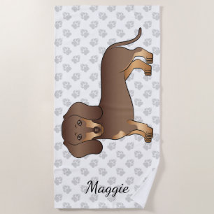 Chocolate And Tan Short Hair Dachshund & Name Beach Towel