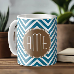 Chocolate and Teal Chevron Pattern with Monogram Coffee Mug