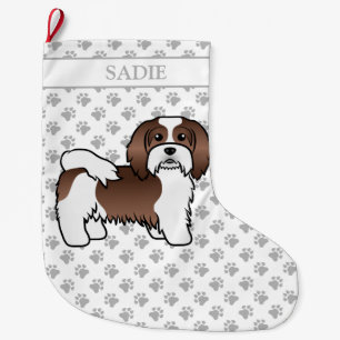 Chocolate And White Havanese Cartoon Dog & Name Large Christmas Stocking