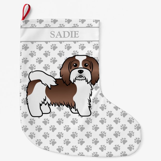 Chocolate And White Havanese Cartoon Dog & Name Large Christmas Stocking (Front)