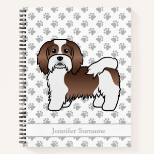 Chocolate And White Havanese Cartoon Dog & Name Notebook
