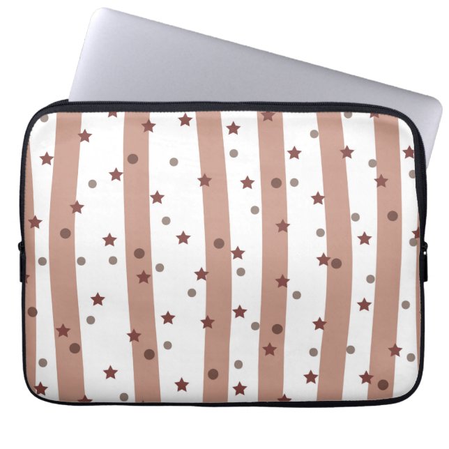 Chocolate and White Stripes with Stars Pattern Laptop Sleeve (Front)