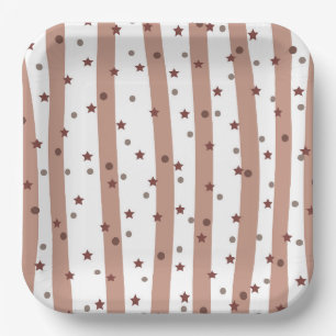 Chocolate and White Stripes with Stars Pattern Paper Plate