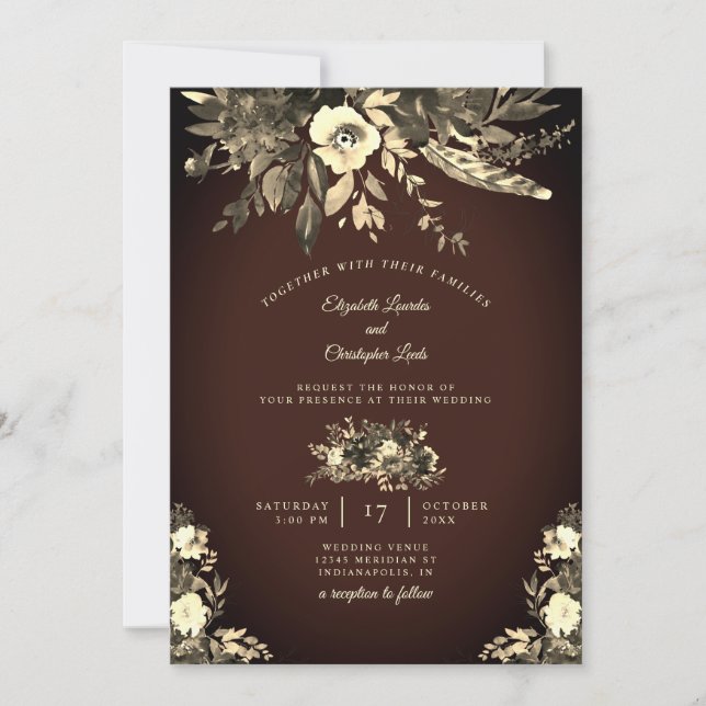 Chocolate Autumn Brown Dried Floral Wedding Invitation (Front)