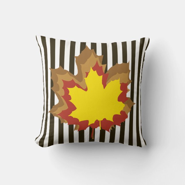 Chocolate Autumnal Stripes with Leaves Cushion (Front)
