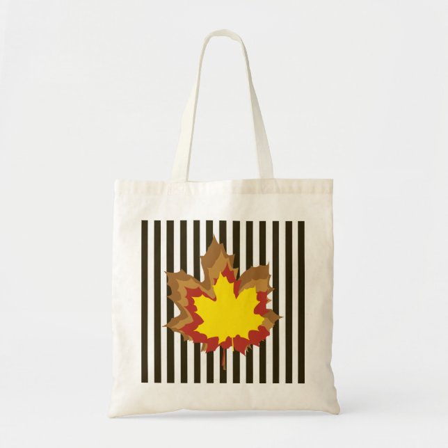 Chocolate Autumnal Stripes with Leaves Tote Bag (Front)