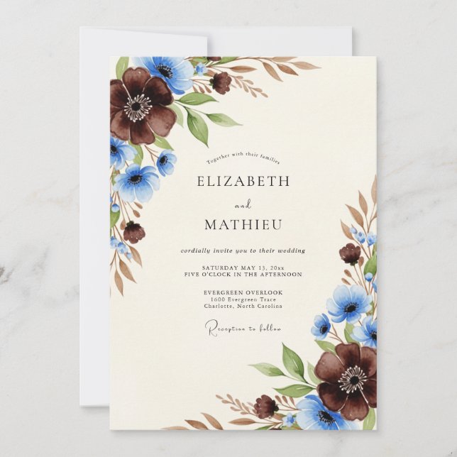 Chocolate Blue Woodsy Autumnal Wedding Invitation (Front)