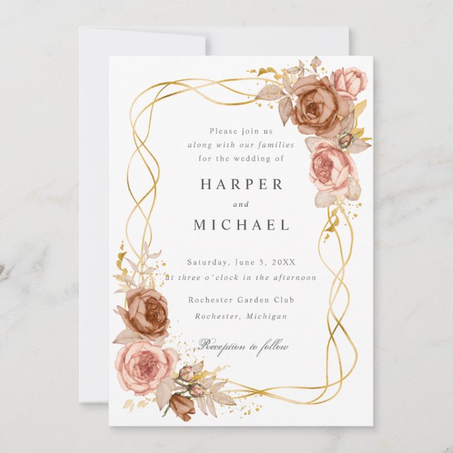 chocolate blush pink roses wedding invitation (Front)