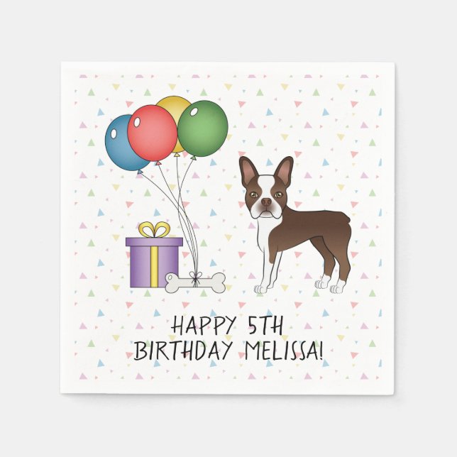 Chocolate Boston Terrier Cartoon Dog - Birthday Napkin (Front)