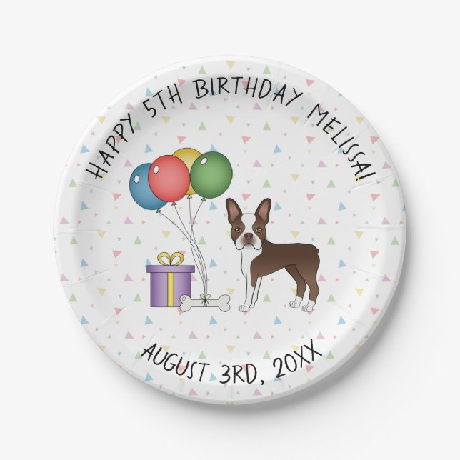 Chocolate Boston Terrier Cartoon Dog - Birthday Paper Plate (Front)
