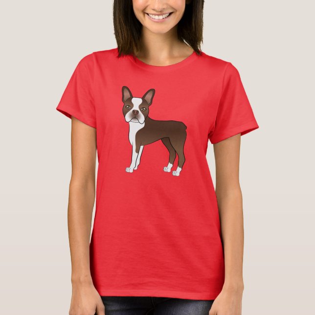 Chocolate Boston Terrier Cartoon Dog Illustration T-Shirt (Front)