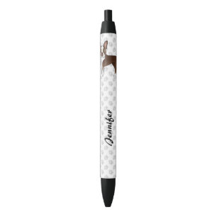 Chocolate Boston Terrier Cute Cartoon Dog & Name Black Ink Pen