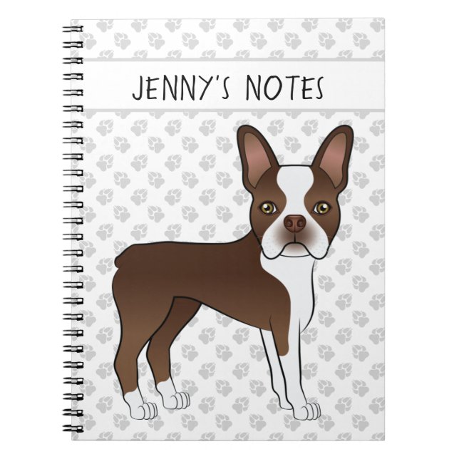Chocolate Boston Terrier Cute Cartoon Dog & Text Notebook (Front)