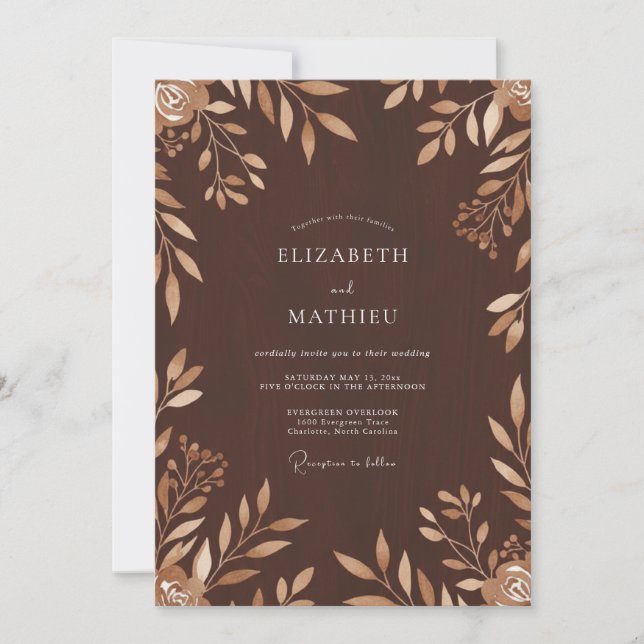 Chocolate Bronze Leafy Wedding Invitation (Front)