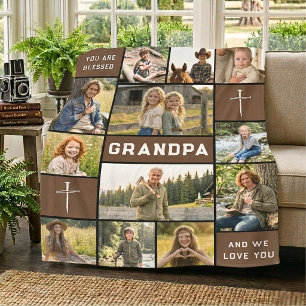 Chocolate Brown 12 Photo Grandpa Name Bold White Fleece Blanket