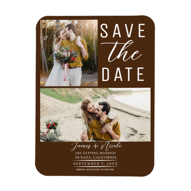 Chocolate Brown 2 Photos Save the Date Wedding Magnet (Vertical)