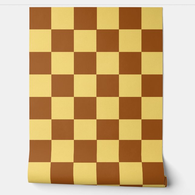 Chocolate Brown and Butter Yellow Check Retro Wallpaper (Unrolling)