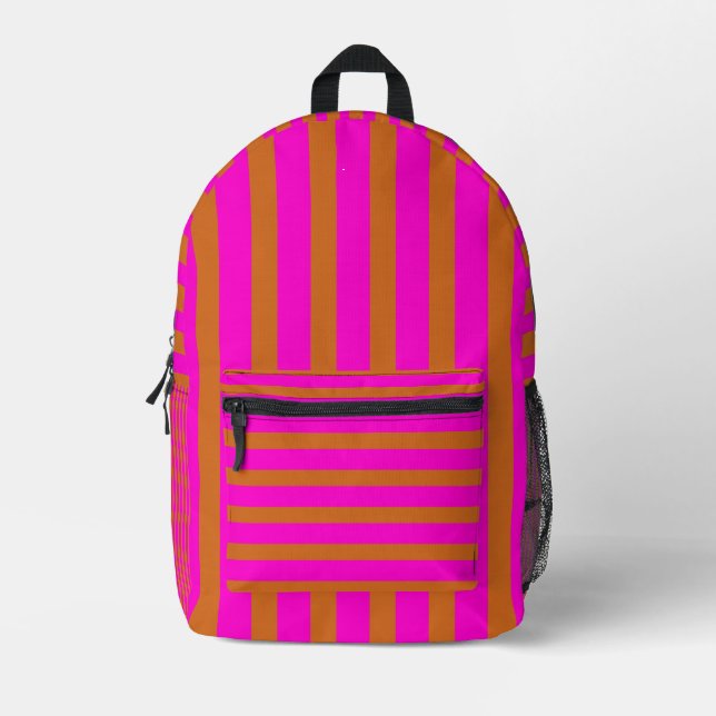 Chocolate Brown and Neon Fuchsia Cool Striped Printed Backpack (Front)
