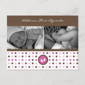 chocolate brown and pink birth announcement postcard