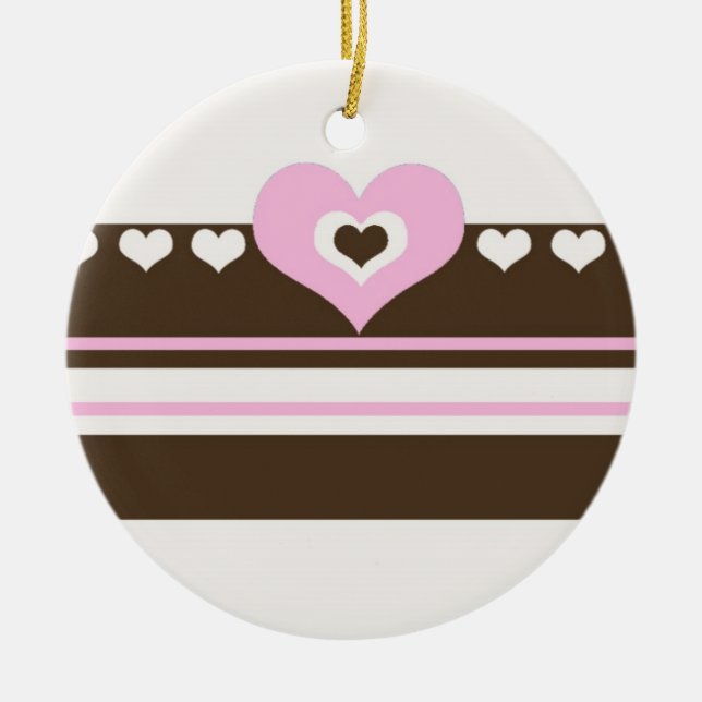Chocolate Brown and Pink Heart Stripe Ceramic Tree Decoration (Front)