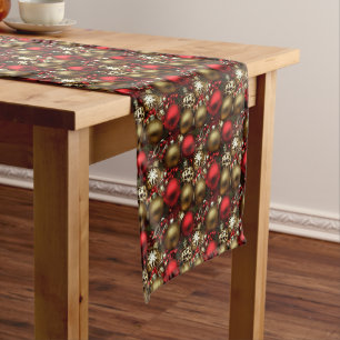 Chocolate Brown and Ruby Red Christmas Ornaments Short Table Runner