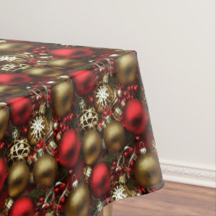 Chocolate Brown and Ruby Red Christmas Ornaments Tablecloth