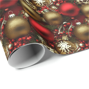 Chocolate Brown and Ruby Red Christmas Ornaments Wrapping Paper